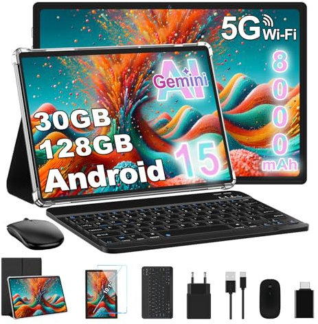 2025 Tablette Android 15 10 Écran IPS HD | 30Go RAM 128Go + TF 1To | Octo-Core 8000mAh | Wi-Fi 6 | Widevine L1 | Caméra 8MP+5MP | Châssis en métal | Tablet tactile avec Clavier et Souris | Noir