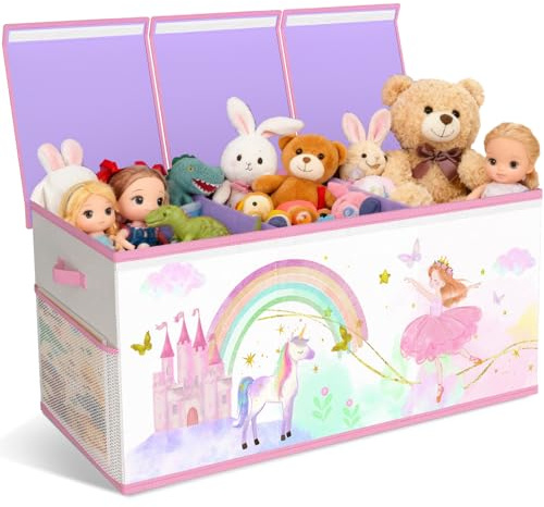 Extra Groß Aufbewahrungsbox Spielzeugkiste mit Deckel Kinder - Faltbar Spielzeug Aufbewahrung mit Griffen Trennwand Aufbewahrungsbox für Kinderzimmer Kleidung Schlafzimmer Klappbare (Beige & Lila)