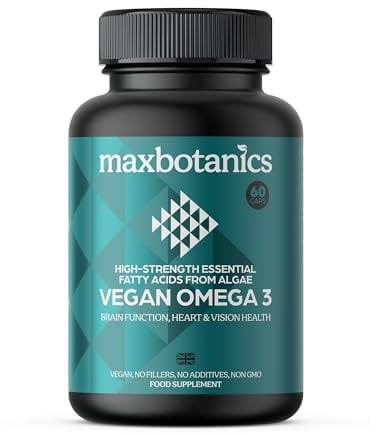 Max Botanics Vegan Omega 3 Algae Oil (Algal Oil) Capsules DHA 300mg + EPA 150mg - Plant Based Fish Oil Alternative Supports Brain, Heart & Vision - Non GMO UK Made GMP 60 Vegan Capsules 1 Month Supply