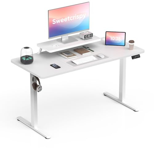 Sweetcrispy Höhenverstellbarer Schreibtisch mit Monitorständer, 140 x 60 cm Schreibtisch Höhenverstellbar Elektrisch, Ergonomischer Steh-Sitz Tisch, Computertisch Standing Desk, Weiß