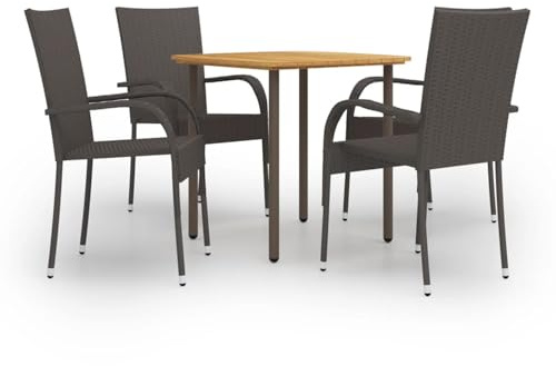 5-teilige Garten-Essgruppe Poly-Rattan Braun wetterfestes Outdoor-Dining-Set aus massivem Akazienholz und Stahl für Terrasse Garten Patio mit stapelbaren Stühlen 80x80x72cm Tisch 55,5x53,5x95cm Stuhl