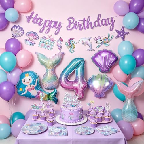 74pcs de vaisselle de fête des sirènes assiettes en anniversaire de 4 ans | 74pcs de vaisselle de fête des sirènes assiettes en anniversaire de 4 ans