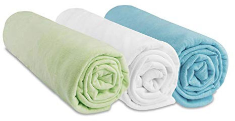 Spannbettlaken aus Baumwolle für Babybett 70 x 140 cm, Anis / Weiß / Türkis, 3 Stück