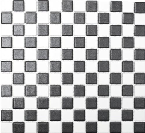 Keramik Mosaik RUTSCHSICHER Schachbrett schwarz weiß matt unglasiert DUSCHTASSE BODENFLIESE - MOS18-0305-R10 / 1 Mosaikmatte