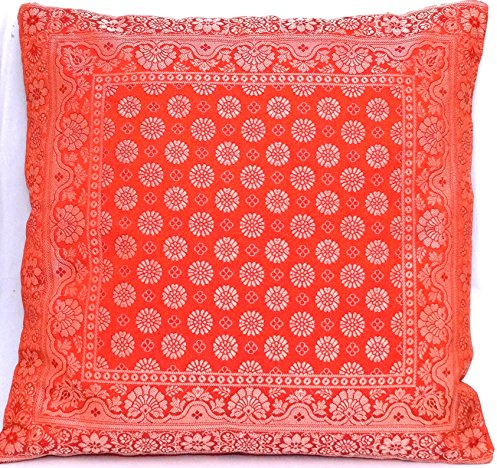 Kashmir Handicrafts Dekokissen, Sofakissen, Kissenbezug, Dunkelorange Kissenhülle aus Indische Banarasi Seide - 40cm x 40cm.