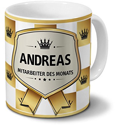 printplanet Tasse mit Namen Andreas - Motiv Mitarbeiter des Monats - Namenstasse, Kaffeebecher, Mug, Becher, Kaffeetasse - Farbe Weiß
