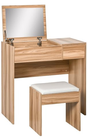 HOMCOM Dressing Table with Flip-Up Mirror and Cushioned Stool, Makeup Vanity Desk with Hidden Compartments and Storage Drawer, Convertible Writing Table for Bedroom, Natural