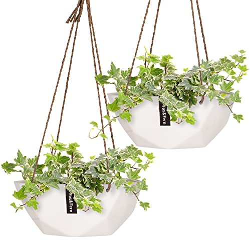 Fox&Fern plant hanger set of 2 size M - each 28cm diameter - hanging flower pots with a unique geometric pattern - hanging basket for plants indoors and outdoors - colour: matt white