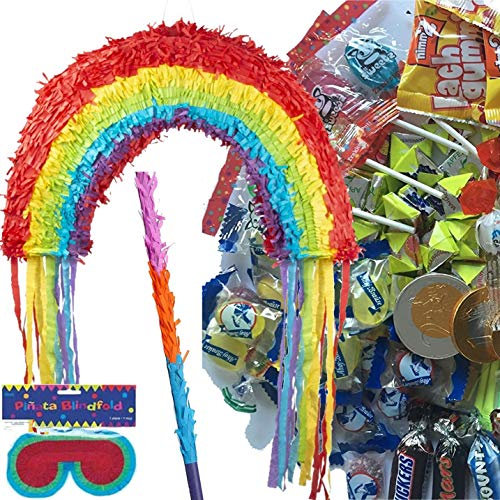 Pinata Set: * REGENBOGEN * + Maske + Schläger + 100-teiliger Süßigkeiten-Füllung No.1 von Carpeta© | Handgefertigte Rainbow Pinata | Tolles Spiel für Kindergeburtstag und Motto-Party