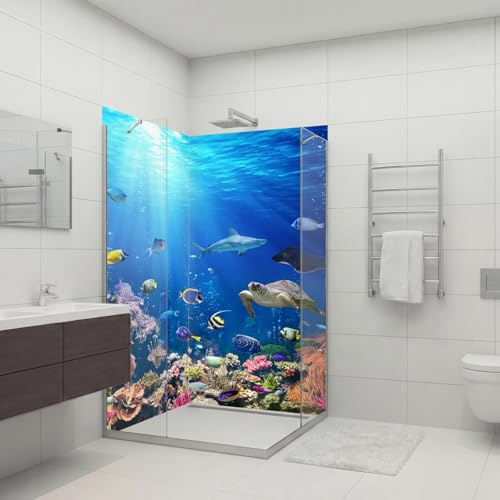Dedeco 2x Premium Bad Duschrückwand mit Motiv: Ozean V2, 90x200cm, wasserfest, hochwertig fugenlose Wandverkleidung aus 3mm-Alu-Verbundplatte, Fliesenersatz ohne Bohren, Made in Germany