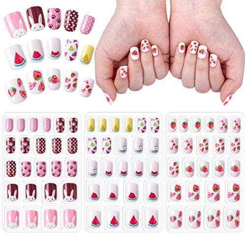 72pcs Kids Fake Nails, Children Press on Full Cover False Nails Tips, Pre Glued Artificial Cute Short Nails Art Kits for Girls Nail Decoration Gift