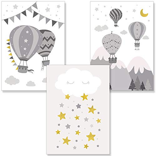 PREMYO Bilder Kinderzimmer Deko Mädchen Jungen - Heißluft-Ballon Poster Set Babyzimmer - Wandbilder Schlafzimmer Unisex