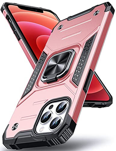 DASFOND Coque pour iPhone 12/12 Pro - Housse de Protection Antichoc Anti-Empreintes Militaire avec Anneau Métallique Rotatif à 360° Norme Américaine, Or Rose