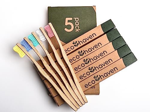 Lot de 5 brosses à dents en bambou | Poils moyens pour adultes | Manche en bois naturel biodégradable | Durable | Végétalien | Bio | Emballage sans plastique | Design britannique | Brosse à dents rose