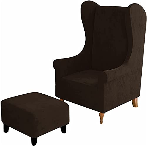 Ohrensesselbezüge und Ottomane Abdeckung Bezug, Ohrensessel Schonbezug Hocker Bezug Rechteck/Square Samt Stretch 2 Stück (Wing Chair & Ottoman L,Braun)