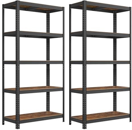 SONGMICS Standregal, 2er Set, Bücherregal, Lagerregal, 5 Ablagen, Küchenregal, Regal, 40 x 90 x 180 cm, bis 875 kg belastbar, verstellbare Ablagen, Industrie-Design, vintagebraun-schwarz GLR040B12