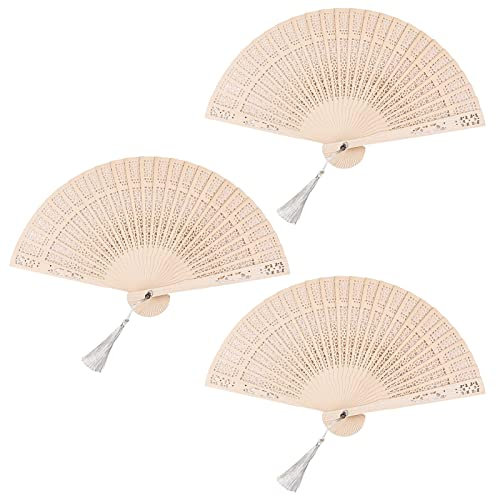 Udewo 3 PCS Vintage Sandalwood Folding Decorative Hand Fan, 7.87 x 13.4 (Unfolded), Natural Wood, 3 Blades, Folding, Handheld