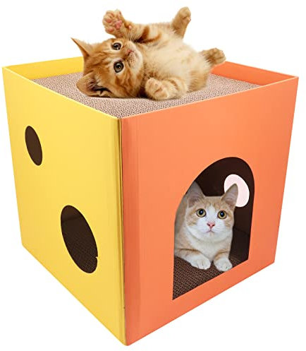 Katzenhaus aus Pappe, Katzenbox Bett, Faltbare Katzenhütte, Würfel-Katzenhöhle mit Katzenminze & 2 abnehmbaren Kratzer, für Katze und kleine Hunde (Orange)