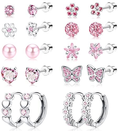 JeweBella 10 Paar Kleine Ohrstecker Set für Damen Mädchen - Chirurgenstahl Hypoallergen Creolen - Niedlich Schmetterling Blume Herz Ohrringe - Zirkonia Mehrfarbig Schraubverschluss