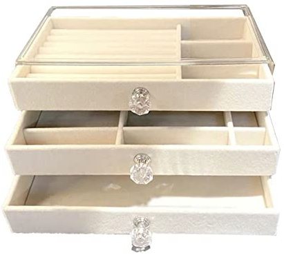 Acrylic Jewelry Organizer Box with 3 Drawers Stackable Velvet Jewelry Display Case Earrings Ring Bracelet Necklace Holder for Girl Women Beige By Philopack