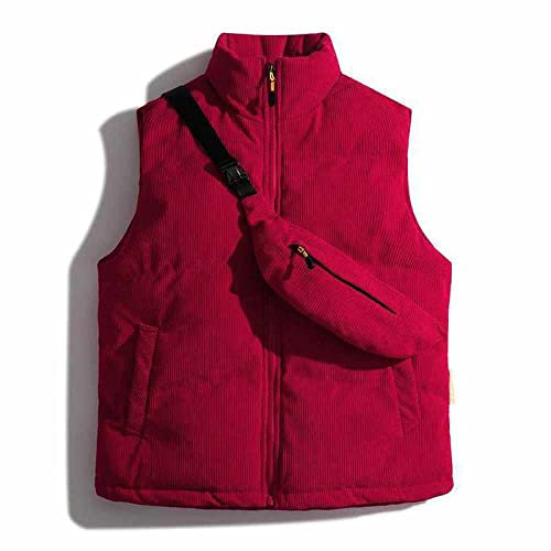 HGJH Weste Herren，Herren Retro Stehkragen Weste Steppweste Jacke Outdoor Cord Rot Steppweste Mit Gürteltasche Weste Herren Jacke Winddicht Reißverschlüsse Bodywarmer Für Herren Teenager,XL