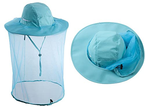 ZffXH Sonnenhut Mit Moskitonetz, Aquamarin Sommer Mesh Safari Hut, Kopfnetz Für Männer Frauen Gartenarbeit Wandern Angeln