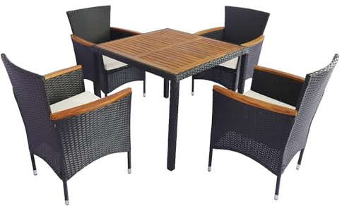 Panana 4 Seater Rattan Dining Set, Garden Table & Stackable Chairs with Acacia Wood Table Top & Cushions, All-Weather Patio Furniture for Conservatory Outdoor