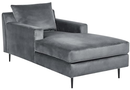 Beliani Moderne Chaiselongue Samtstoff grau mit Armlehnen und Kissen Gueret