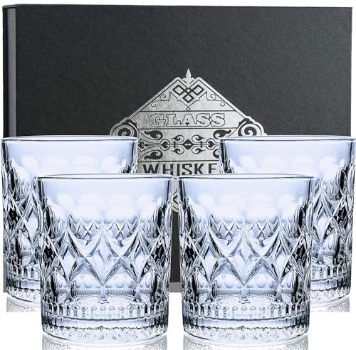 DH Whiskey Glasses Set of 4 with Gift Box -11Oz Tumbler Glasses for Bourbon, Scotch, Cognac, Rocks Glasses for Men, Old Fashioned Crystal Whisky Glass Gift