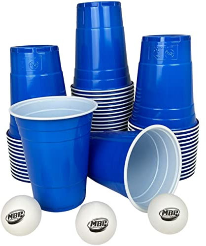 MBP My Beer Pong Lot de 50 gobelets à bière pong en plastique bleu + 3 balles, 473 ml, conviennent à un usage alimentaire et robuste, réutilisables et passent au lave-vaisselle