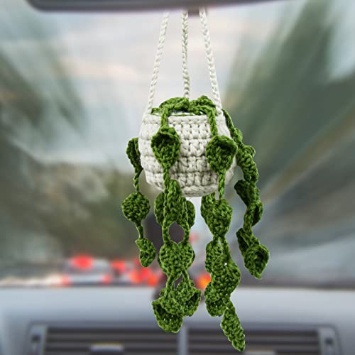 Auto Rückspiegel hängende Zubehör, niedliche Topfpflanzen Häkeln Auto Spiegel hängende Zubehör häkeln hängenden Korb Handgefertigtes gestricktes und gehäkeltes Autozubehör