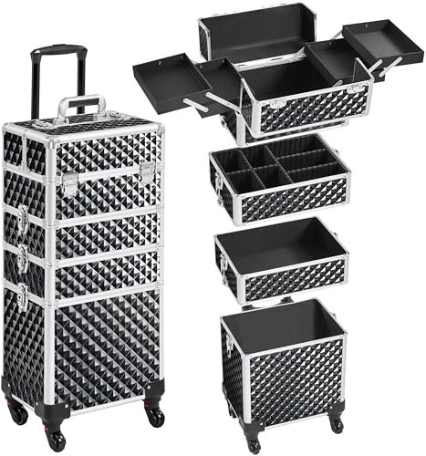 Yaheetech Valigia Porta Trucchi Trolley Estetista 4 in 1 Valigetta Make Up Beauty Case da Viaggio Grande con Ruote Girevoli Serrature Professionale 34 x 25,5 x 80 cm Nero Scintillante