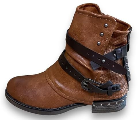 Damen Stiefeletten Biker Boots - Stiefel mit Nieten Blockabsatz - bequeme Herbst Winter Frauen Schuhe Schnallen ST14 Camel 39