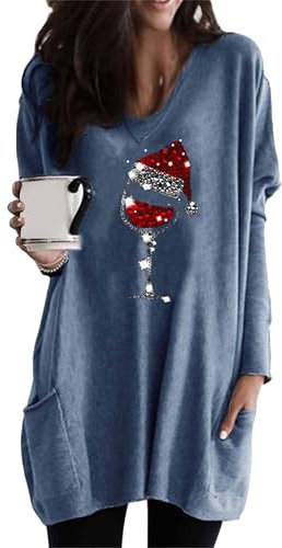 EFOFEI Femme Sweat-Shirt à Double Poche Latérale Pullover avec Poche Robe Pull Mignon Imprimer De Noël Robe Sweat à Imprimé Verre à Vin Bleu L