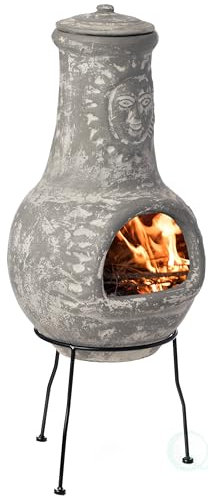 Feuerstelle für den Außenbereich, Tonkamin im Sonnen-Design, Holzofen, mit stabilem Metallständer, Grill, Cocktailparty, gemütliche Nächte, Feuerstelle (Steingrau)