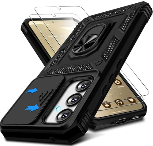 Kameraschutz Handyhülle für Samsung Galaxy S24 Hülle mit Displayschutz*2 pcs, 360 Grad Magnet Metall Ring Halter S24 5G Tasche Case Militär Stoßfest Schutzhülle für Samsung S24 (Schwarz)