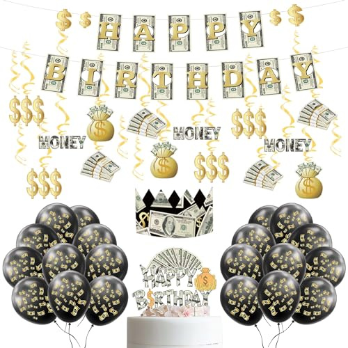 45Pcs Money Birthday Party Decoration KIT Bill Dollar Signs Money Birthday Banner Hanging Swirls Cake Toppers & Crown Set for Casino Investment Themed Retirement Anniversary Graduations Party