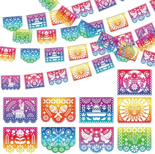 Qpout 5 Paquetes Banderas Mexicanas De Fiesta Plástico Iridiscente Papel Picado Banner Cinco de Mayo Decoración Fiesta Guirnalda Para Día De Los Muertos Decoración,Fiesta Cumpleaños Baby