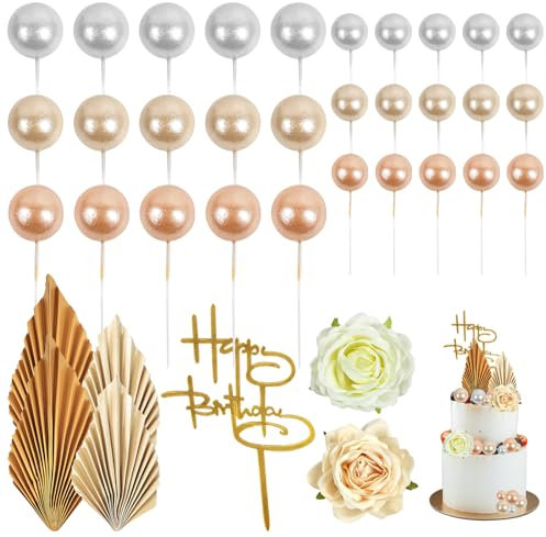 Hlimior 37 PCS Champagne Rose Cake Decoration Balls Gold Palm Leaves Boho Party Supplies Bohemian White Ball Decoration,(Hlimior-DGZS007)