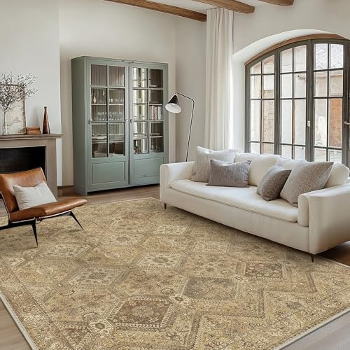 Bavni Teppiche für Wohnzimmer, maschinenwaschbar, rutschfest, Vintage-Chenille, Used-Look, großer niedriger Flor, ultradünn, leicht, für Schlafzimmer, Esszimmer, Büro, Nussbraun