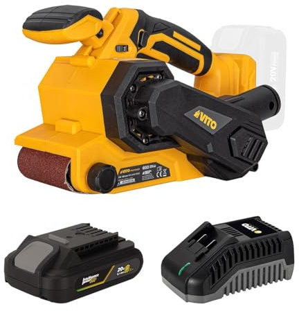 VITO - Bandschleifer, 20 V, Lithium-Akku, 2 Ah, 6 variable Geschwindigkeiten, Schleifen 76 x 120 mm, Griff, Staubfangsack, Ladegerät
