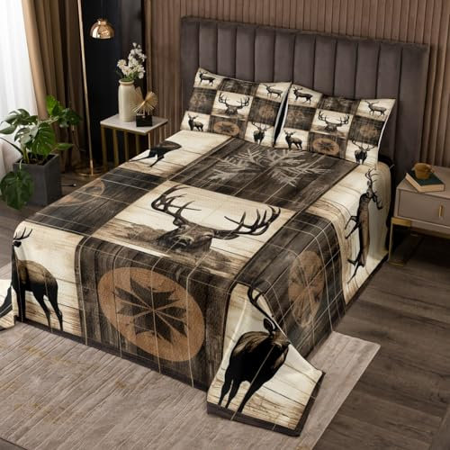 Homemissing Hirsch Tagesdecke 240x260cm Wild Hirsch Bettüberwurf für Kinder Erwachsene Geometrie Steppdecke Wildtiere Wohndecke Zimmer Dekor 3Stück Mit 2 Kissenbezug