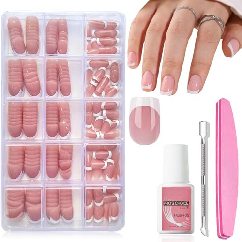French Tip Press on Nails - 240Pcs Short Fake Nails Set - 15 Size Acrylic Full Cover Artificial Fake Nails, Natural Color - French Tip Press on Nails Short Square DIY Nail Extensions