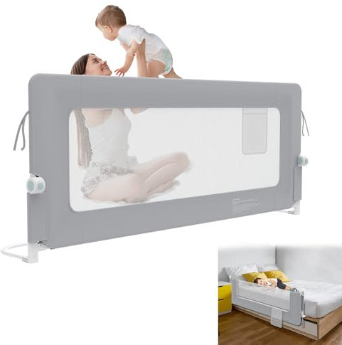 YRHome 180cm Bettgitter Rausfallschutz klappbar 180 Grad drehbar Bettschutzgitter für Kleinkinder luftiges Netz, Höhenverstellbar Rausfallschutz Bett für Kinderbett, Elternbett (Grau)