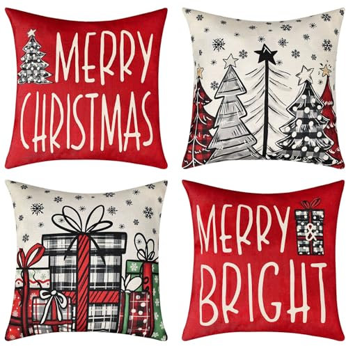 joyoldelf Cojines Navidad Decoracion 45x45 cm - Cojines Fundas Decorativos Navideños, Almofadas para Sofaa Lino, Accesorios Navidad para Hogar Salon Papá Noel, Alces,Muñeco de Nieve,Arbol de Navidad