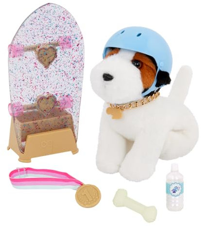 Our Generation – Pro Skater Pup – 15 cm Plüschhund mit Skateboard, Helm und Knochen – Flexibel und interaktiv – Spielzeug für Kinder ab 3 Jahren