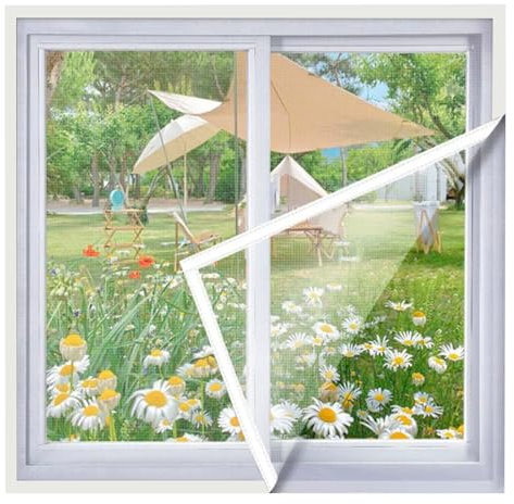 TYXHXTF Zanzariera per Finestra, Rete Zanzariera Fissa Universale Finestra 110 x 120 cm, con Nastri Adesivi, Senza Necessità di Forare, Orlatura Completa, Bianco