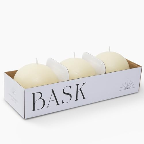 BASK Mottled Pillar Candles - Unscented Mottled Ball Set of 3 - Dripless Smokeless for All Occasions (Ivory)