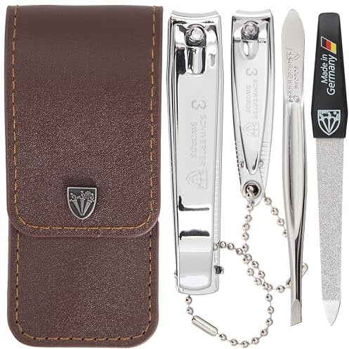 3 Swords Germany - manicure set with finger and toe nail clipper tweezers and nail file in brown synthetic leather case - brand quality