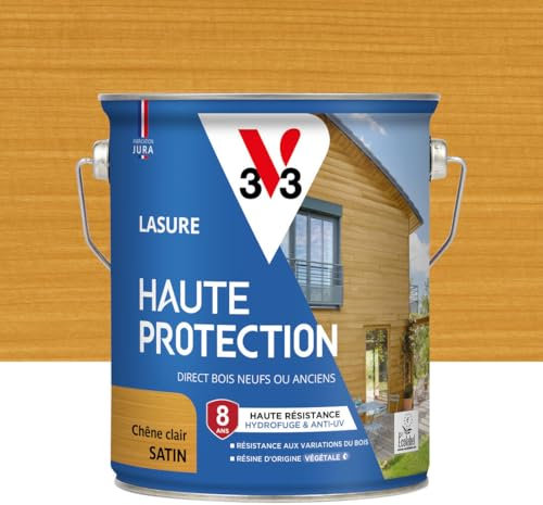 V33 Holzlasur außen Eiche hell satiniert – hoher Schutz 8 Jahre – hohe Beständigkeit gegen Wasserabweisend und UV-Schutz – beständig gegen Holzschwankungen – Ökabel, Harz pflanzlichen Ursprungs – 2,5